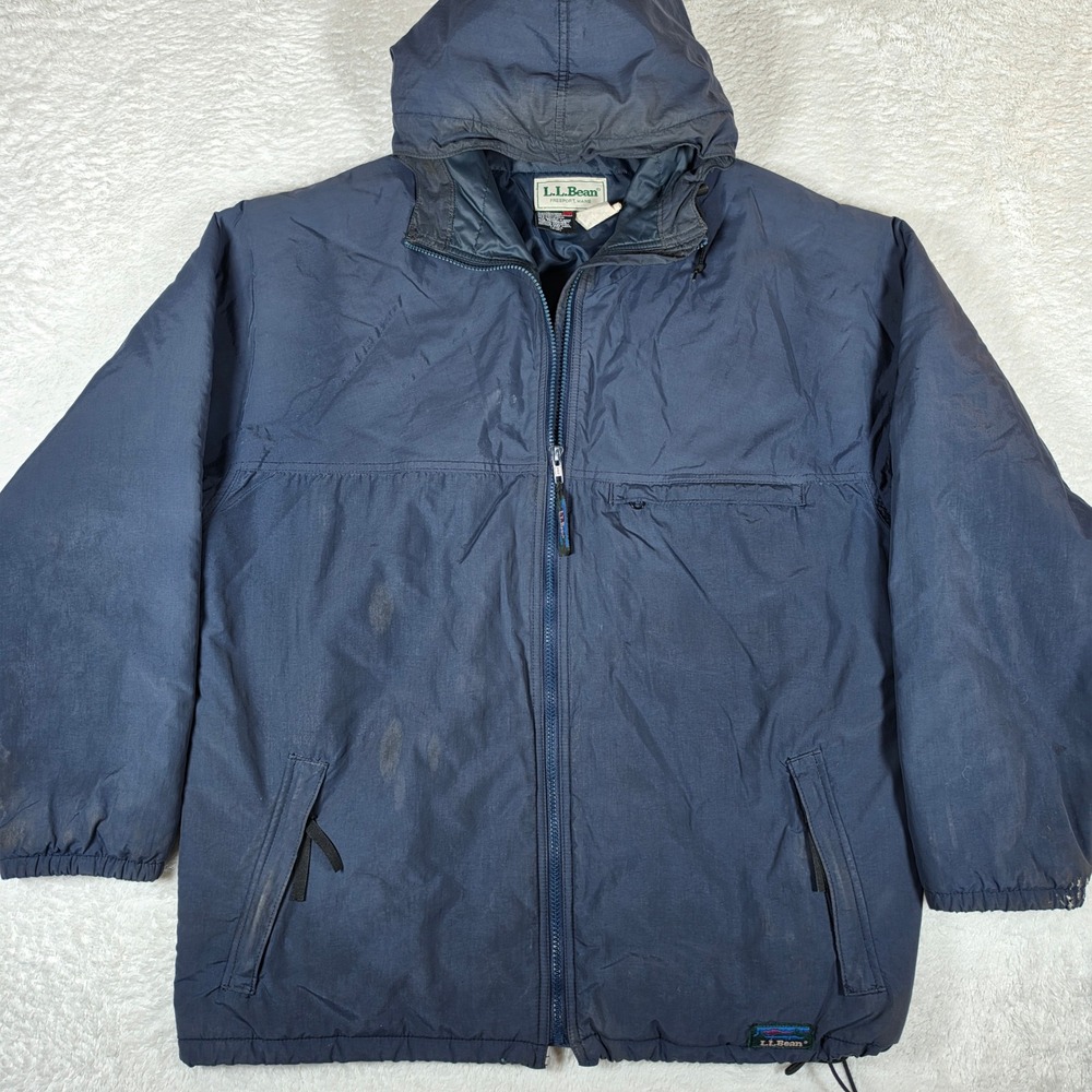 VTG LL Bean Made in USA 01195T-601 Mens LT Navy Nylon Thinsulate Hooded Parka